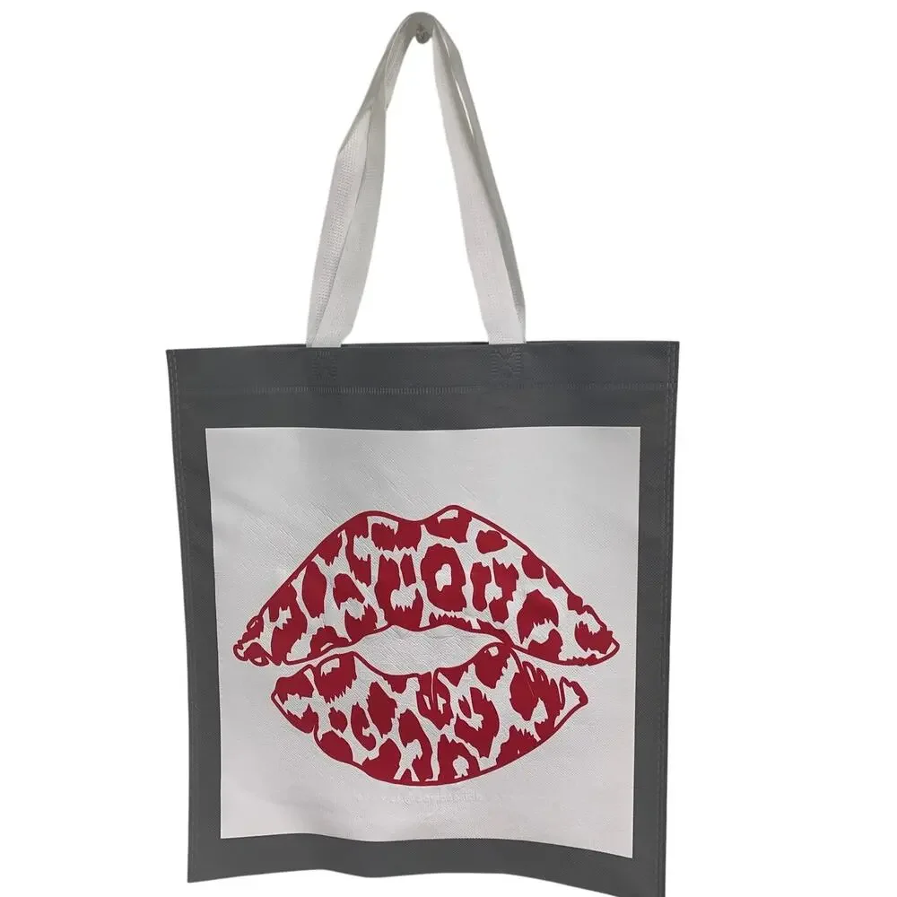 New Upcycled Hand Printed Valentine Love Leopard Kiss Lips Shopper Tote Bag - Picture 1 of 4